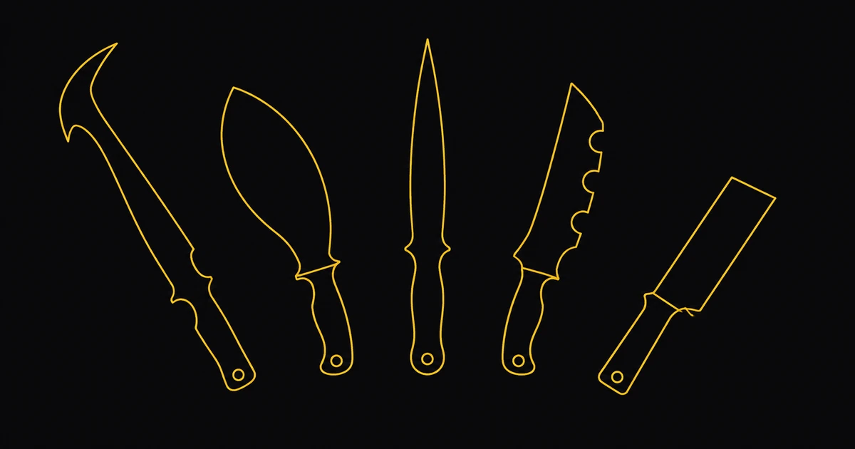 Five gold blade outlines of different profiles, fanned at slight angles on a dark ground