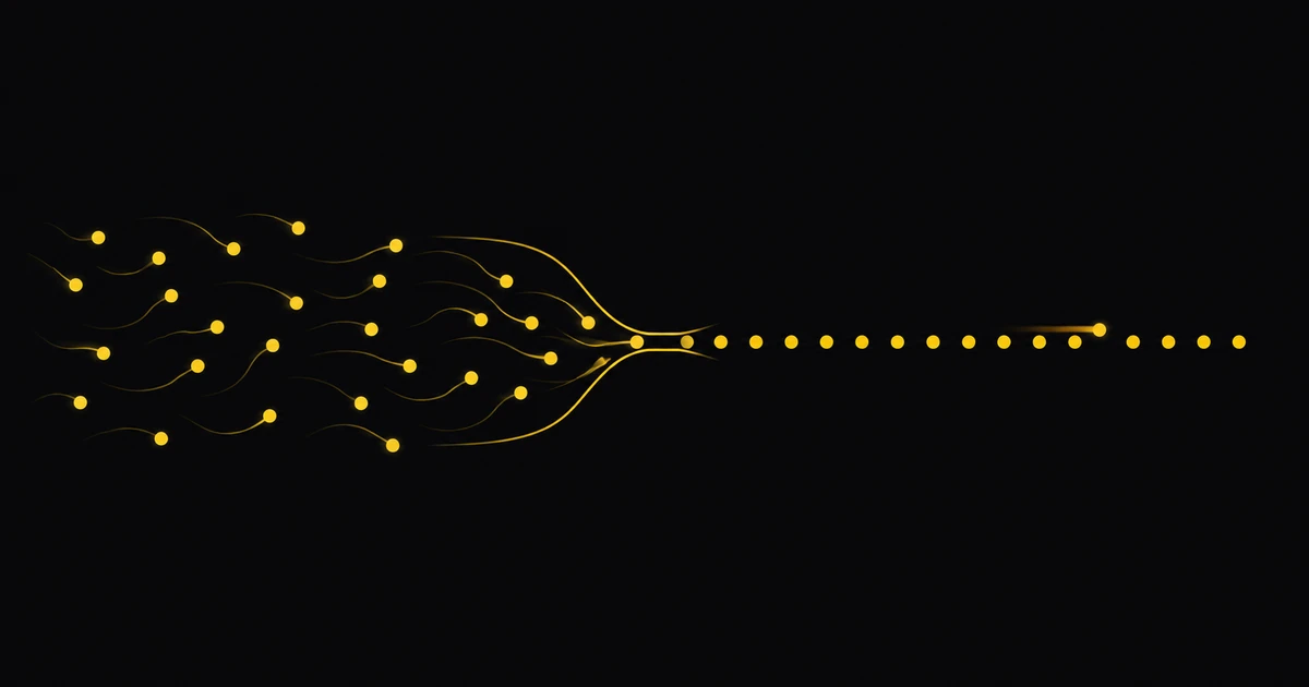 Small gold forms drift in from the left, pass through a narrow throat, and leave as one evenly spaced file