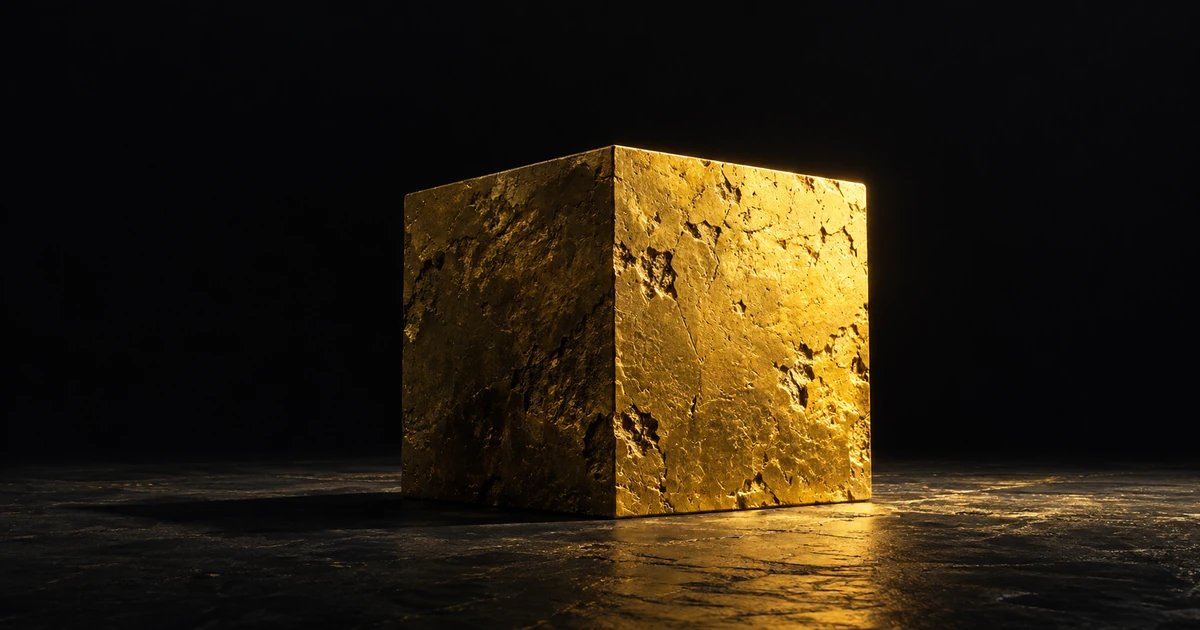 A heavy gold block, its faces scored and pitted all over, edges still meeting perfectly square