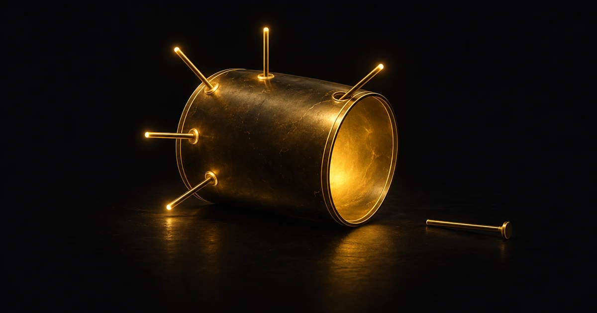 A sealed gold drum with five rods set into its wall, a sixth lying withdrawn and dark beside it