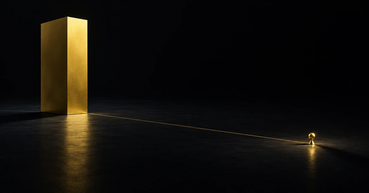 A sealed gold monolith in darkness with a thin line running to a small lit marker standing far away