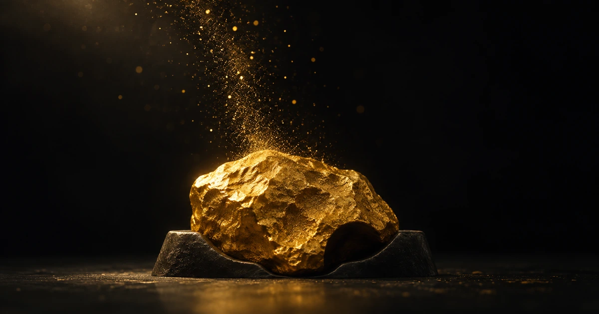 A heavy gold mass in a dark cradle, fine motes lifting from its top, a shallow scoop missing from its flank