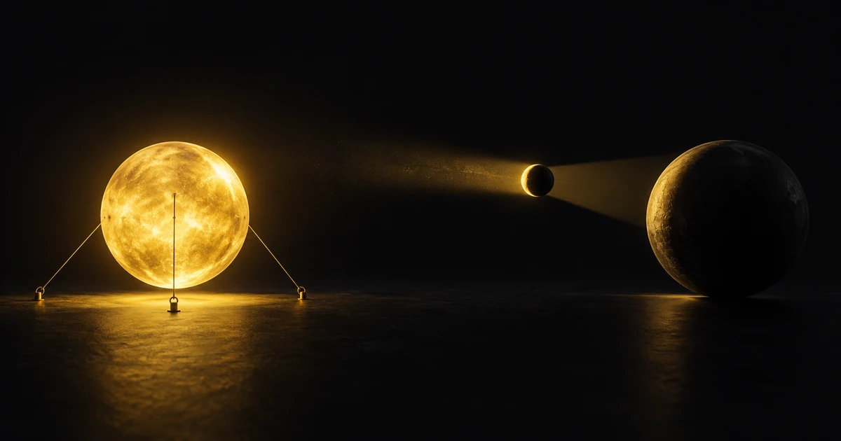 Two gold forms on black: the left glowing from within and tethered, the right lit only by a beam from off-frame