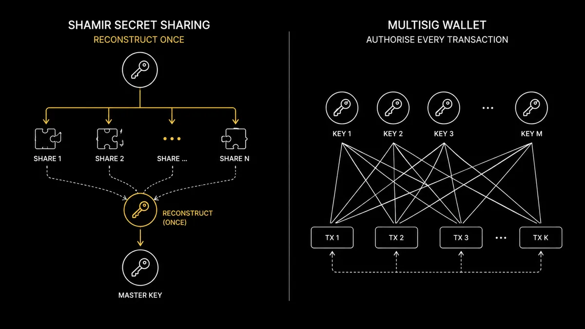 Schematic: SLIP-39 Shamir splits one key into shares reconstructed once; multisig uses several independent keys to sign