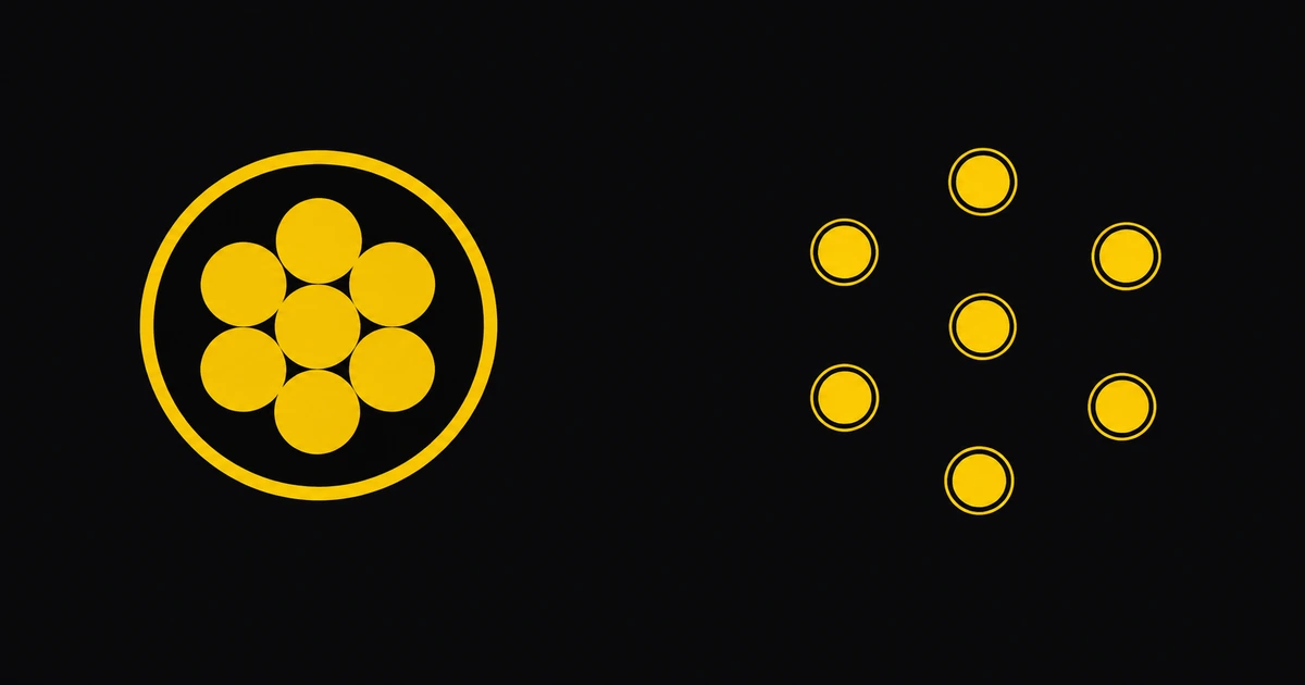 A heavy gold ring enclosing seven discs, beside the same discs apart, each in its own thin outline