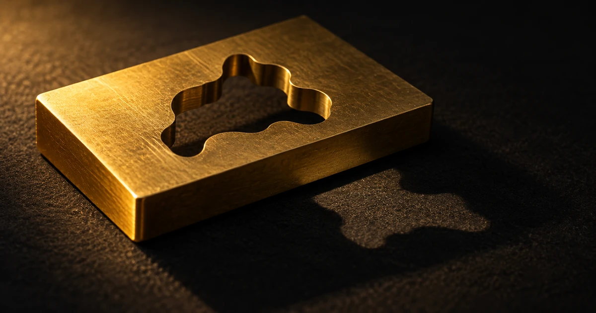 Macro view of a machined gold slab with one precise recess cut through it, casting that shape as a shadow
