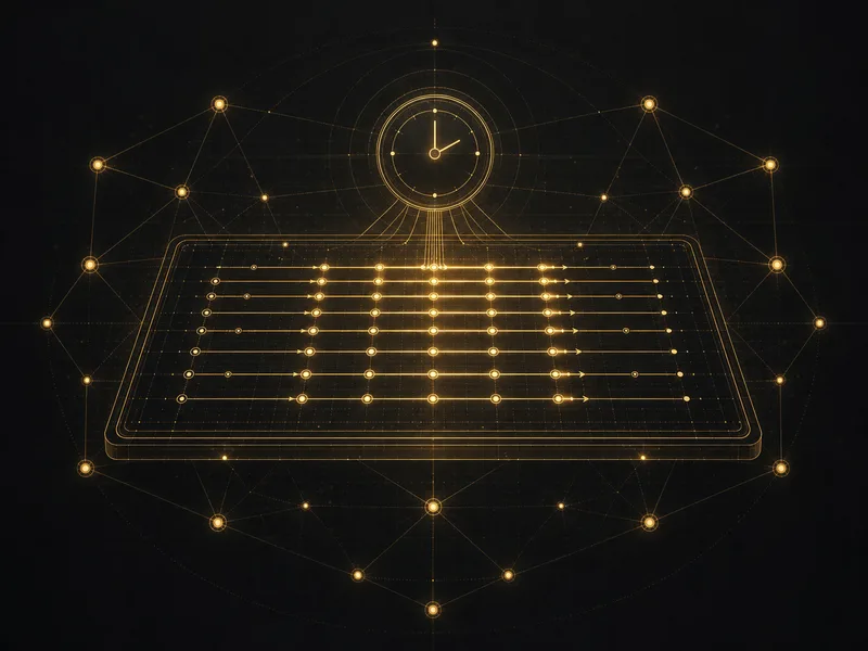 Solana's single monolithic layer with parallel execution lanes and a sequencing clock, nodes as gold points on black