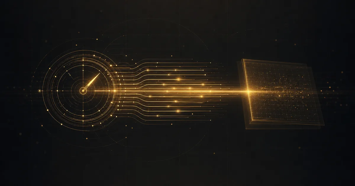 Gold ledger lane with a proof-of-history clock and parallel gold transaction streaks on black, evoking high throughput