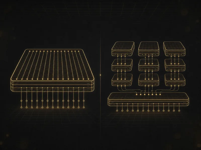 A monolithic gold layer beside a gold base layer with execution pushed to stacked rollup layers, on black