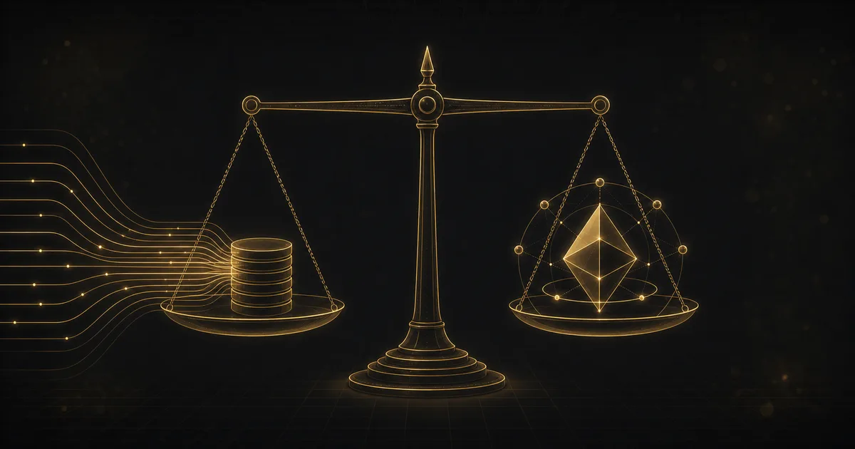 A gold balance scale weighing staking yield against slashing risk, Solana one side, an Ethereum octahedron the other