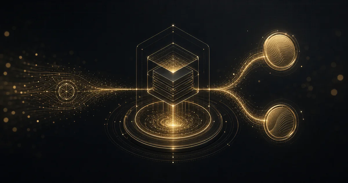 Two gold liquid-staking token coins flowing from a staked-SOL pool while the underlying stake keeps a validator glowing