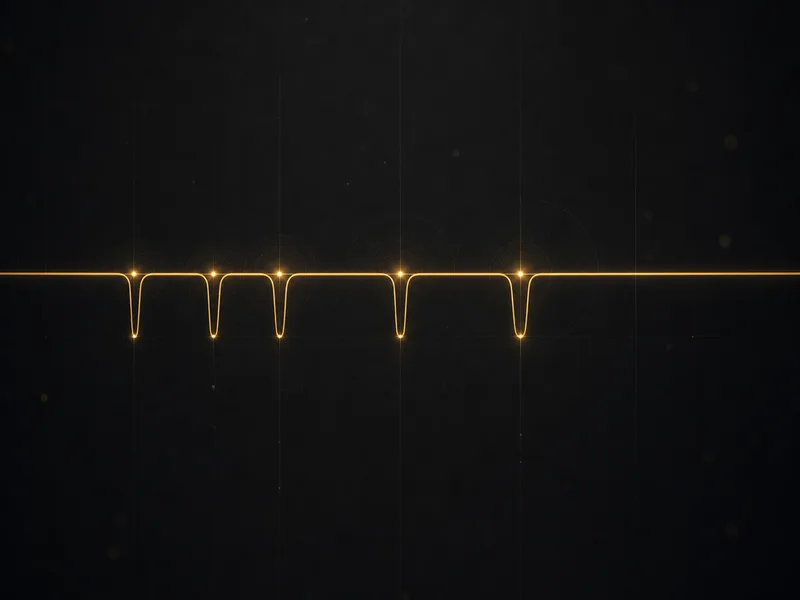 A gold horizontal reliability timeline with a few marked dips growing further apart over time, on black