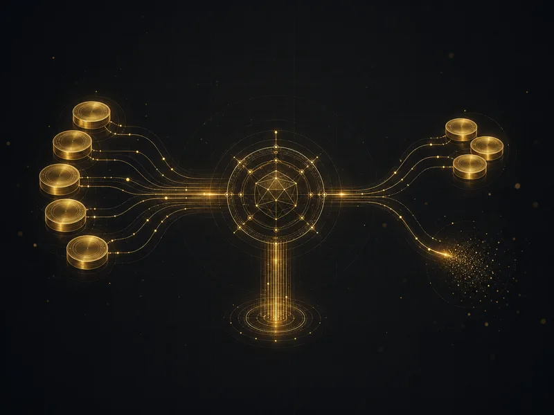 Staked gold SOL feeding a validator, with a small fee-and-burn split shown as diverging gold streams on black