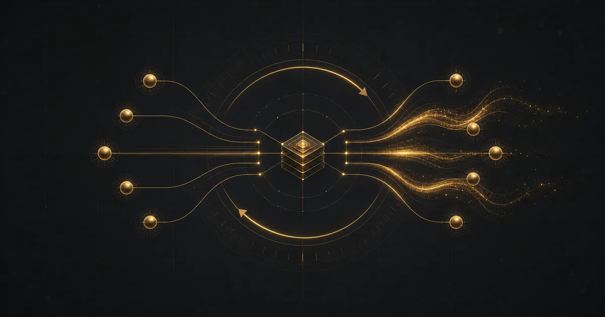 Delegated gold SOL flowing to a validator over an epoch clock, with warm-up and cooldown arcs, on black