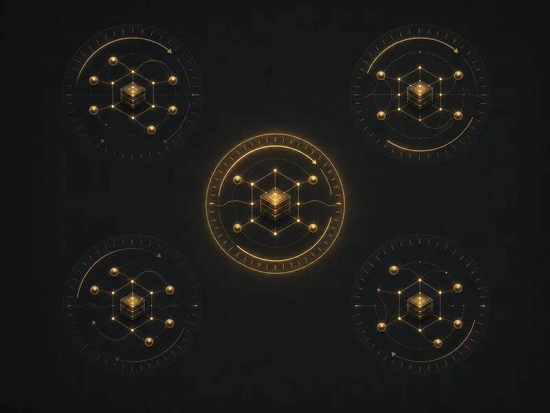 Several gold validator nodes of differing size and uptime, one highlighted for selection, on black