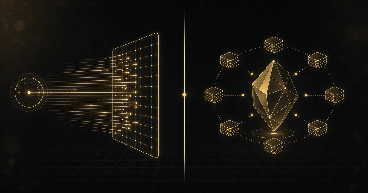 Split black field: a single fast gold Solana lane on the left, a gold Ethereum octahedron with rollup nodes on the right