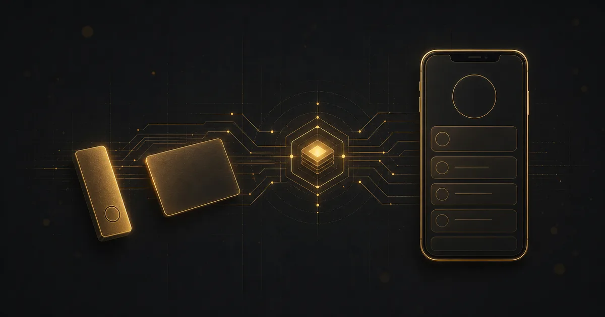 A gold phone hot wallet beside a gold hardware device and a thin gold NFC card, linked by a secure-element chip