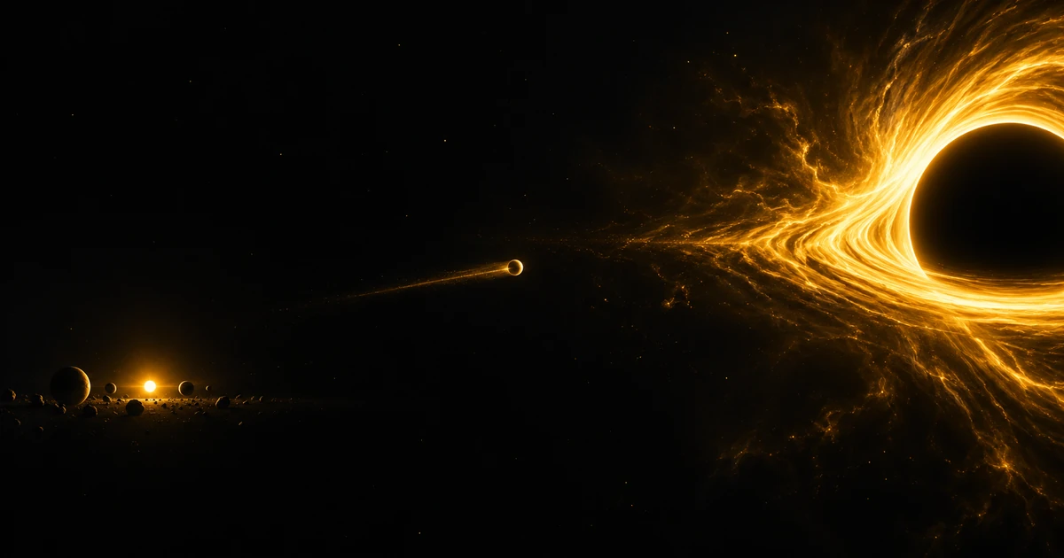 A small gold sphere in flight from a small steady light toward a big flare with a hollow centre