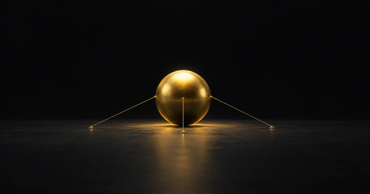 A solid gold sphere on a dark plane, held down by three taut hair-thin filaments to small anchors