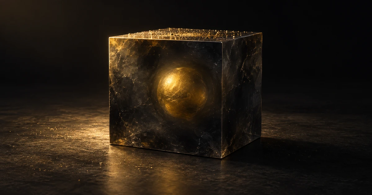 A gold sphere sealed inside a dark translucent block, fine gold dust settled on the block's outer face