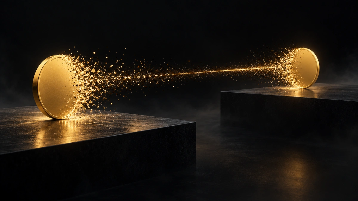 A gold coin fading on one dark platform and forming again on another, joined by a thin line of light