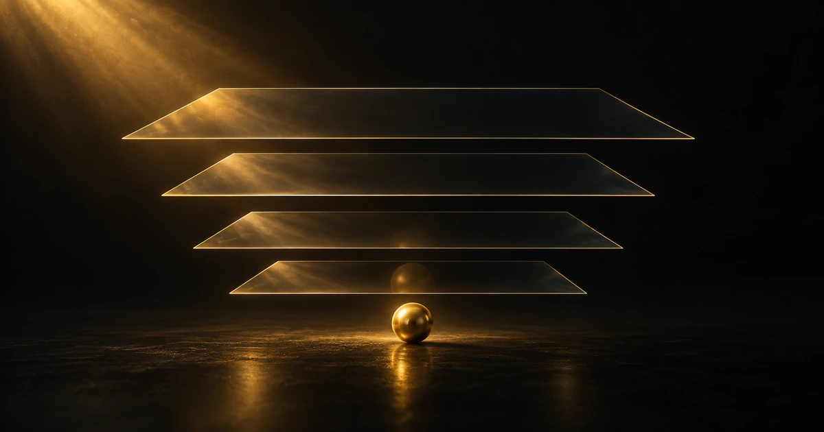 Four gold-edged translucent panes stacked above one small solid core, each dimming it further