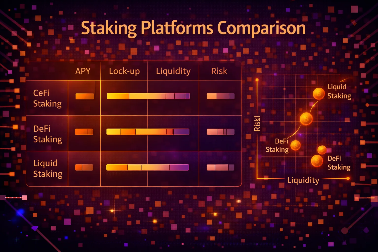Comparison chart of top crypto staking platforms showing yields, fees, and features