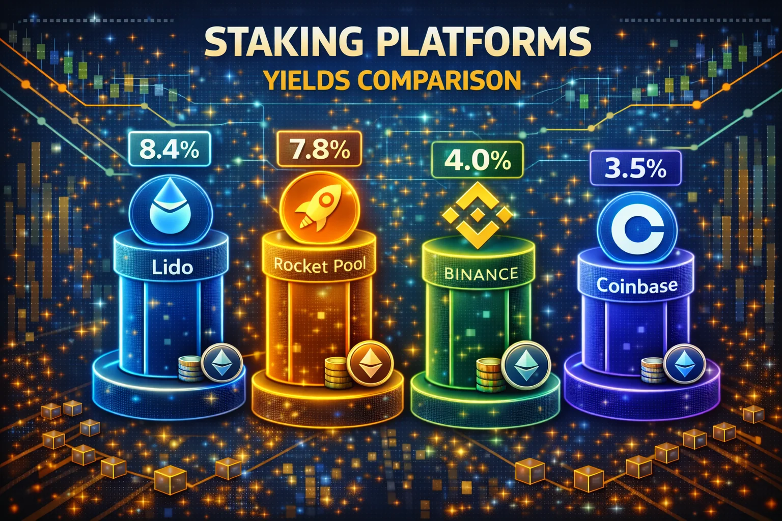 Cryptocurrency staking platforms yield comparison chart showing APY rates, fees, and minimum requirements