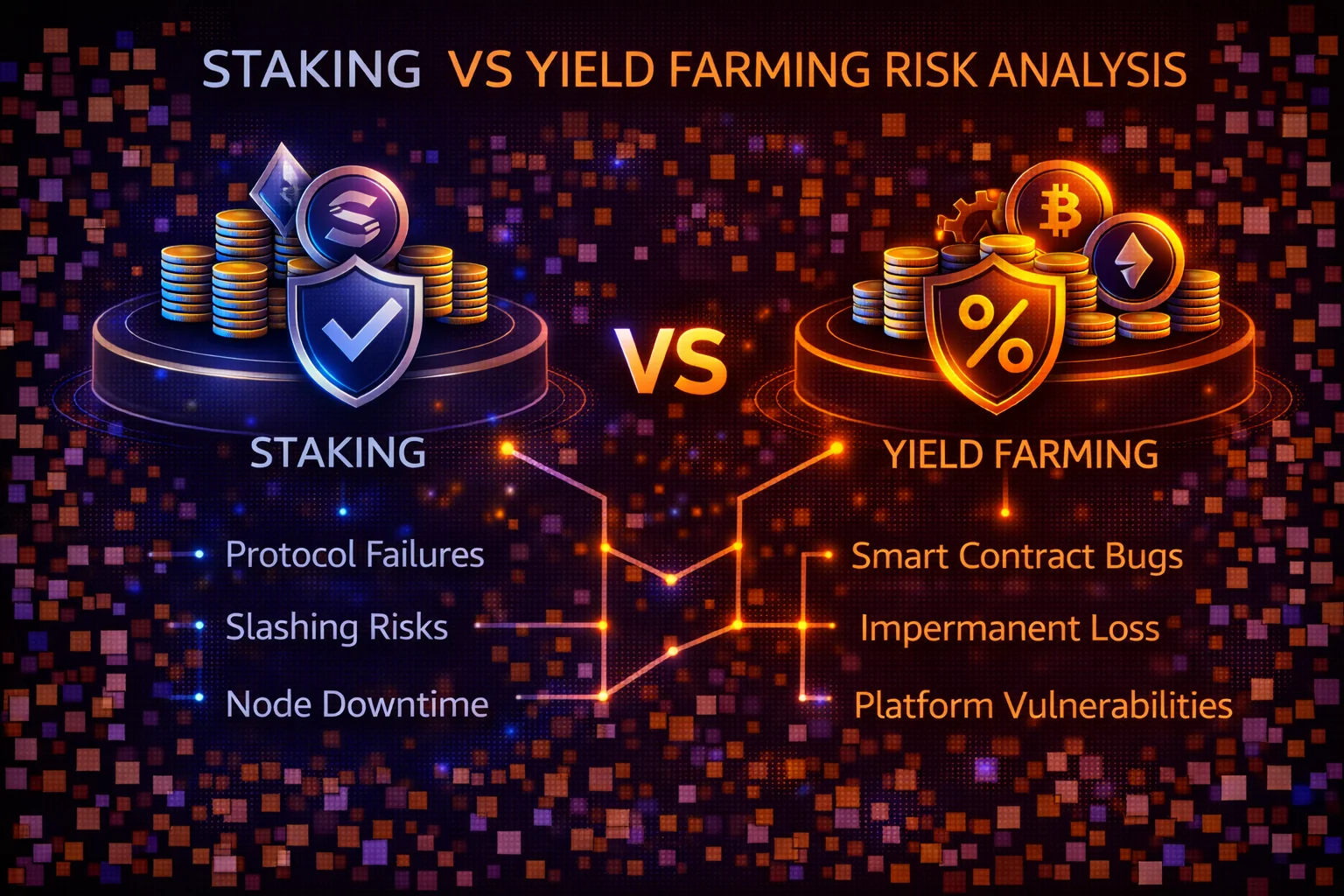 Risk analysis comparison between staking and yield farming showing different risk factors and mitigation strategies