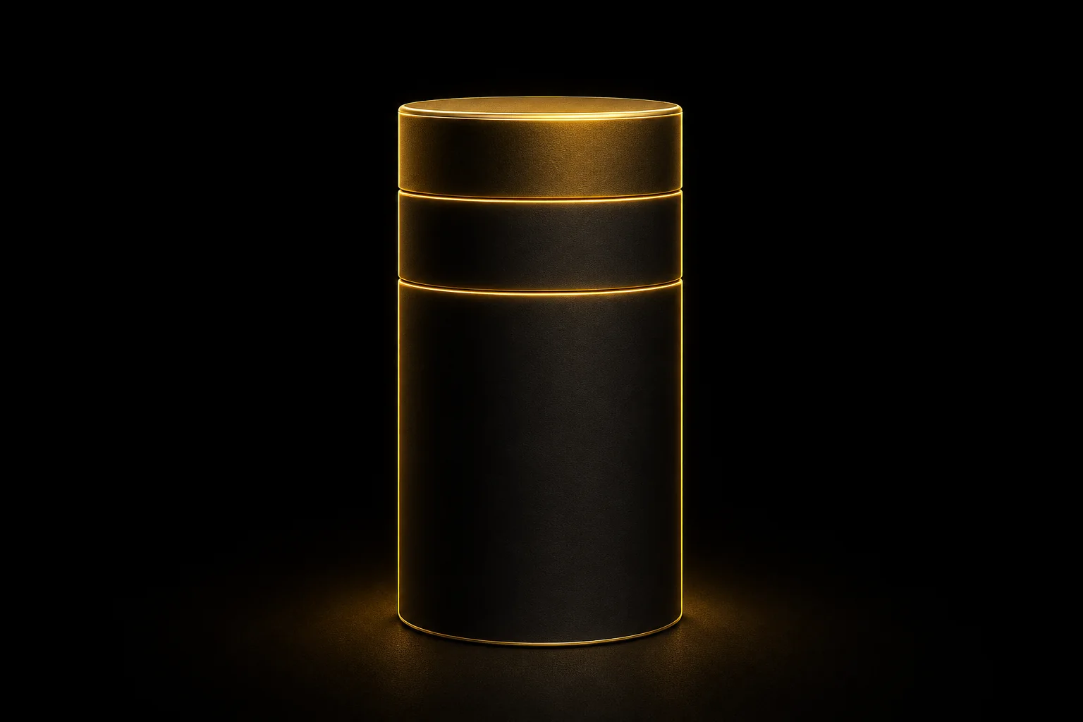 A single dark cylinder divided by two glowing gold seams into three sections, the lowest much the largest