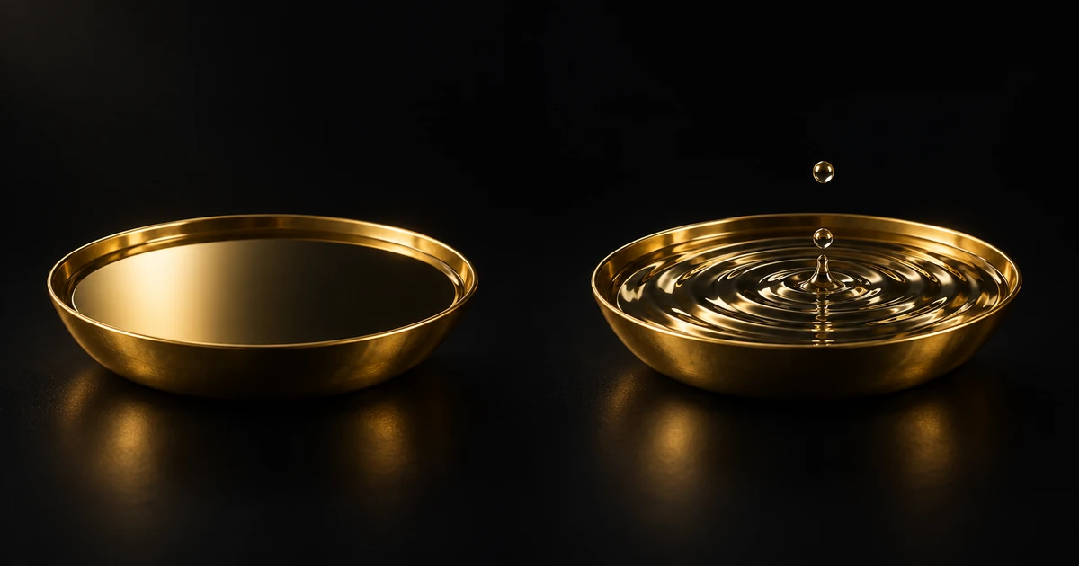 Two identical shallow gold dishes: the left surface perfectly still, the right rippling under a falling droplet
