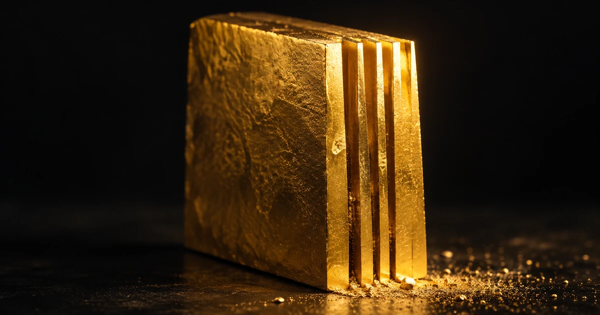 A gold block under raking light with several clean narrow slivers cut from its leading edge
