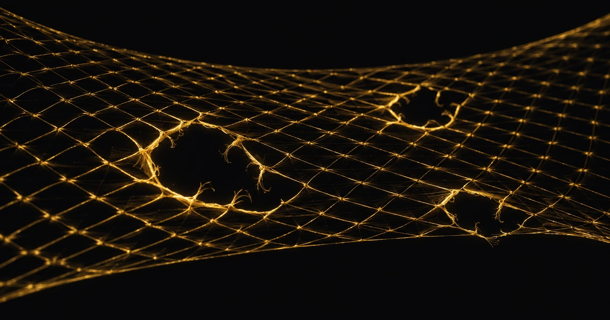 A tensioned gold net with several strands cut, the surrounding strands brighter where load has re-routed