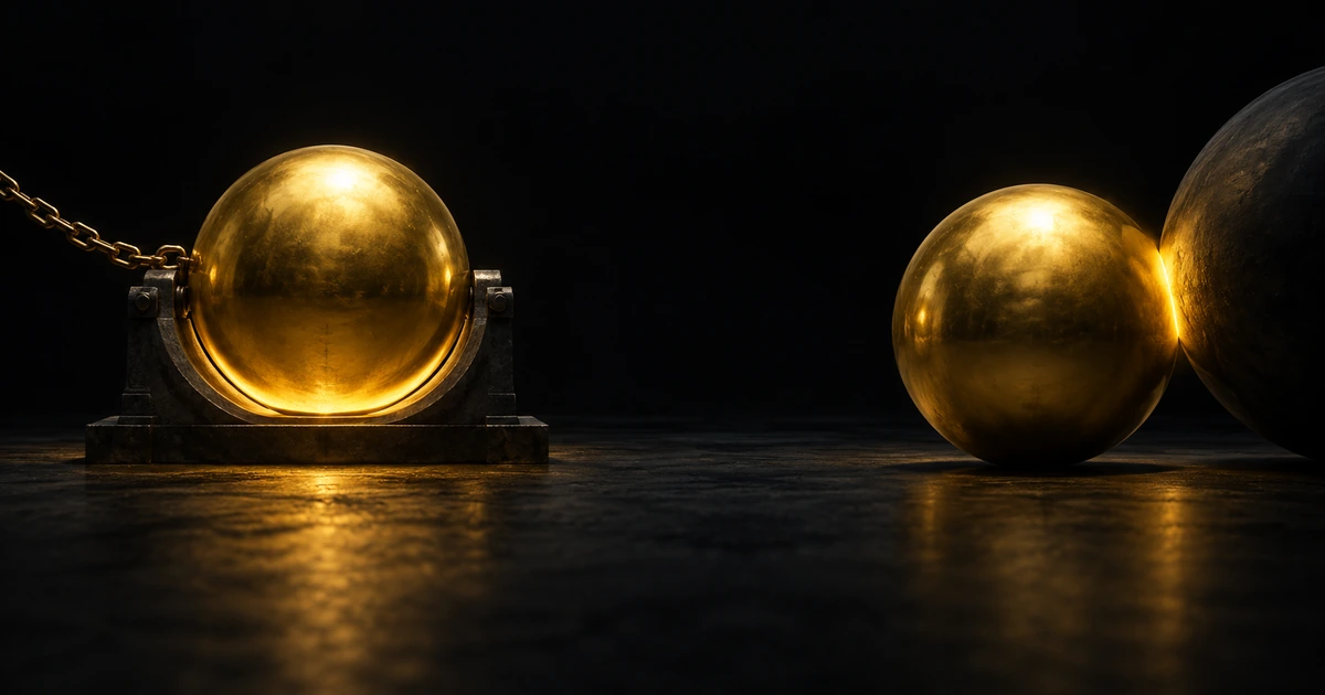 Two gold spheres: the left chained into a cradle, the right lit only where a faint form touches it