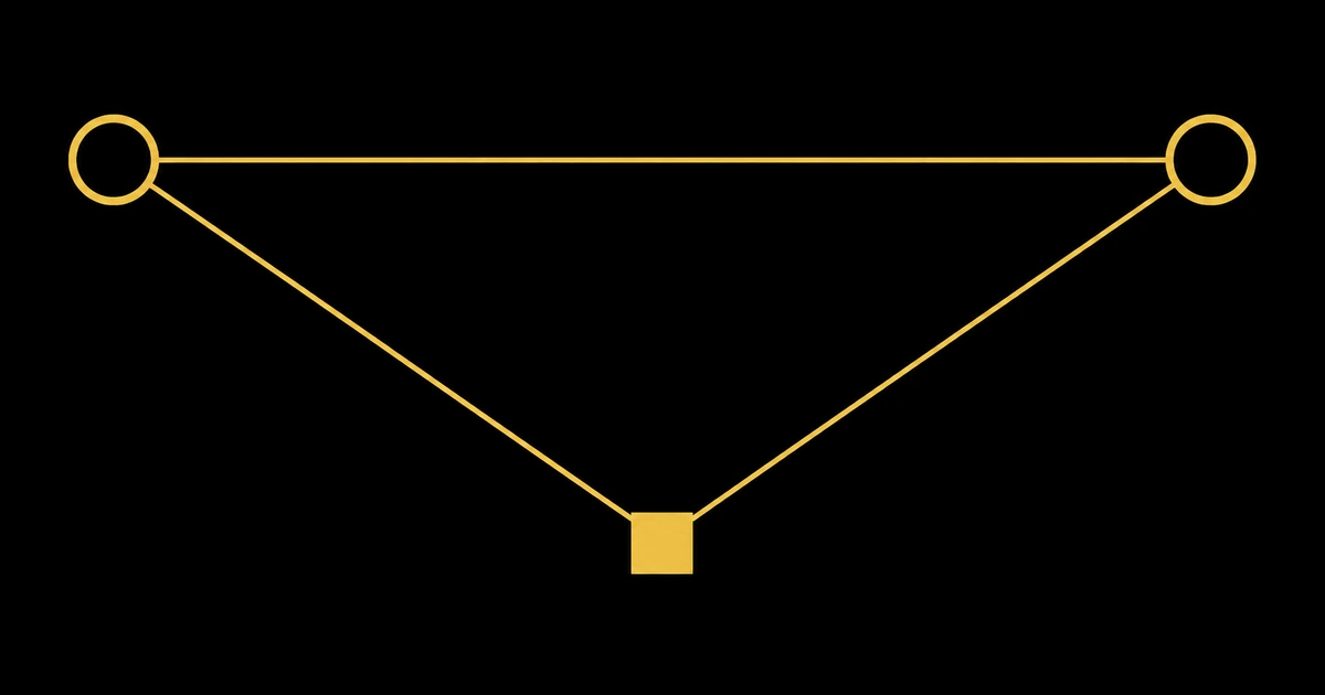 Two small gold rings joined by a thin line, with a solid block below linked to each by hairline strokes