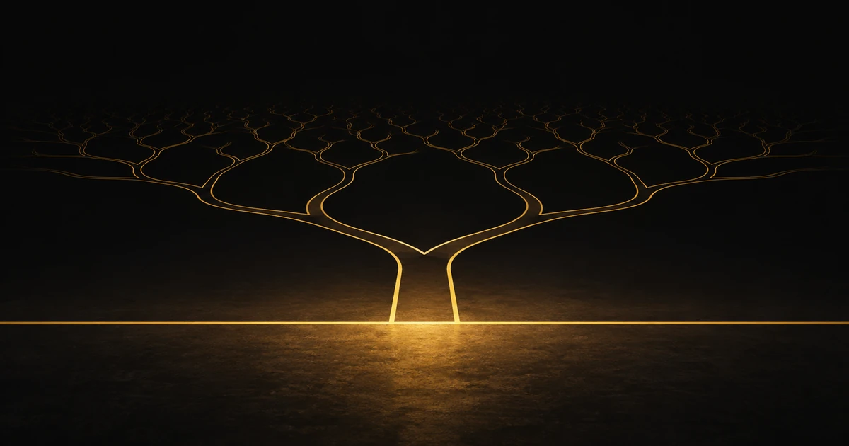 A plain wide threshold in gold outline, beyond it a corridor forking repeatedly into darkness