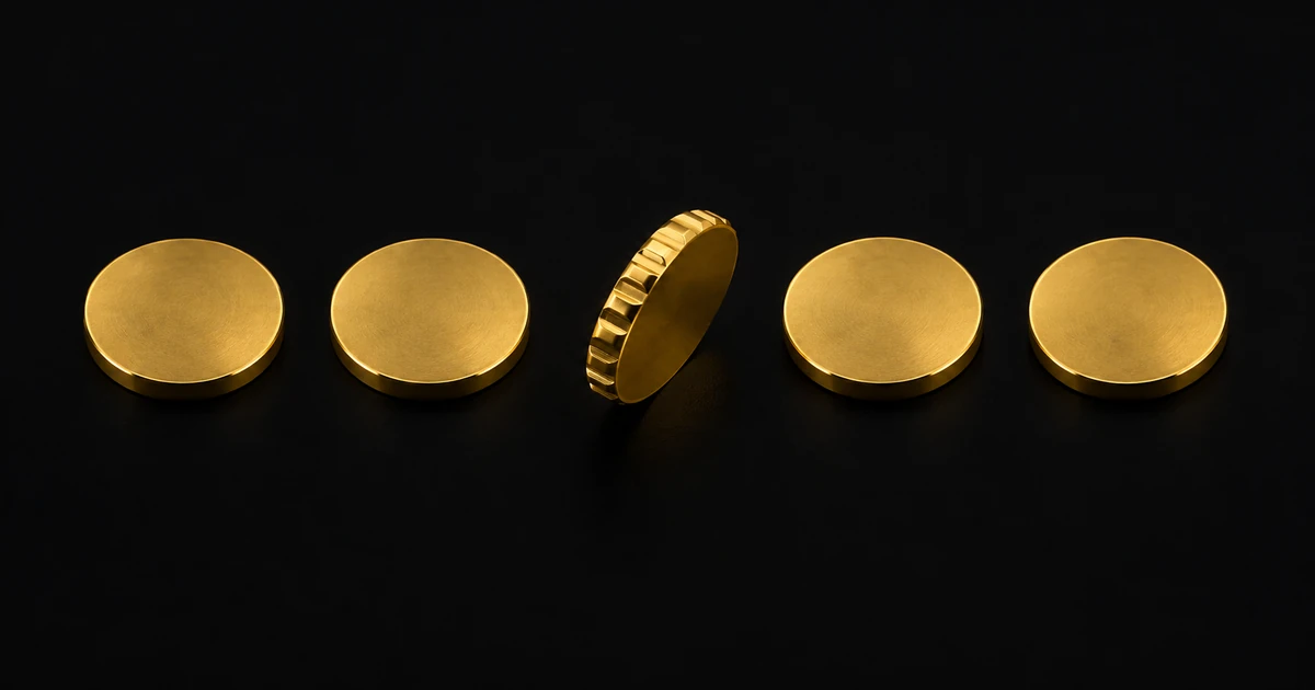 A row of matching gold discs seen from above; the nearest is tipped, showing a different edge