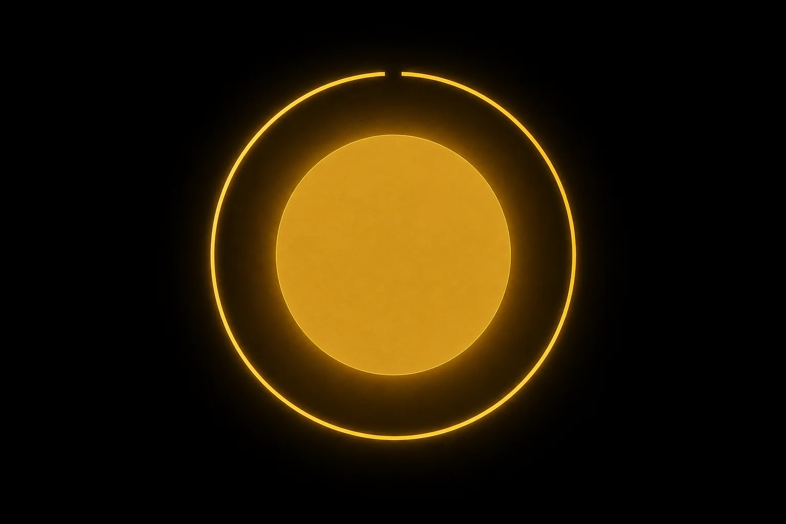 A solid gold disc inside a thin bright ring that is broken by a small gap at the top