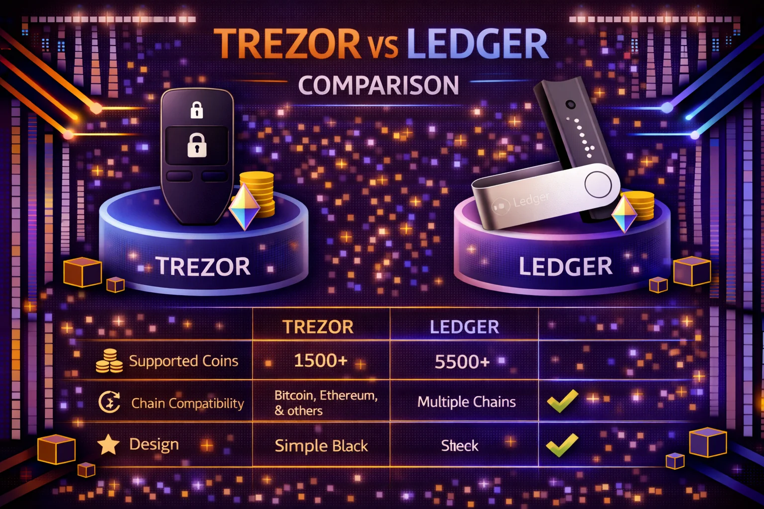 Trezor vs Ledger crypto devices side-by-side comparison showing security features