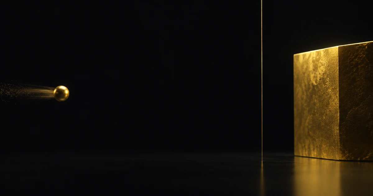 A hairline gold thread crosses a dark field ahead of a heavy gold form, a small body drifting toward it