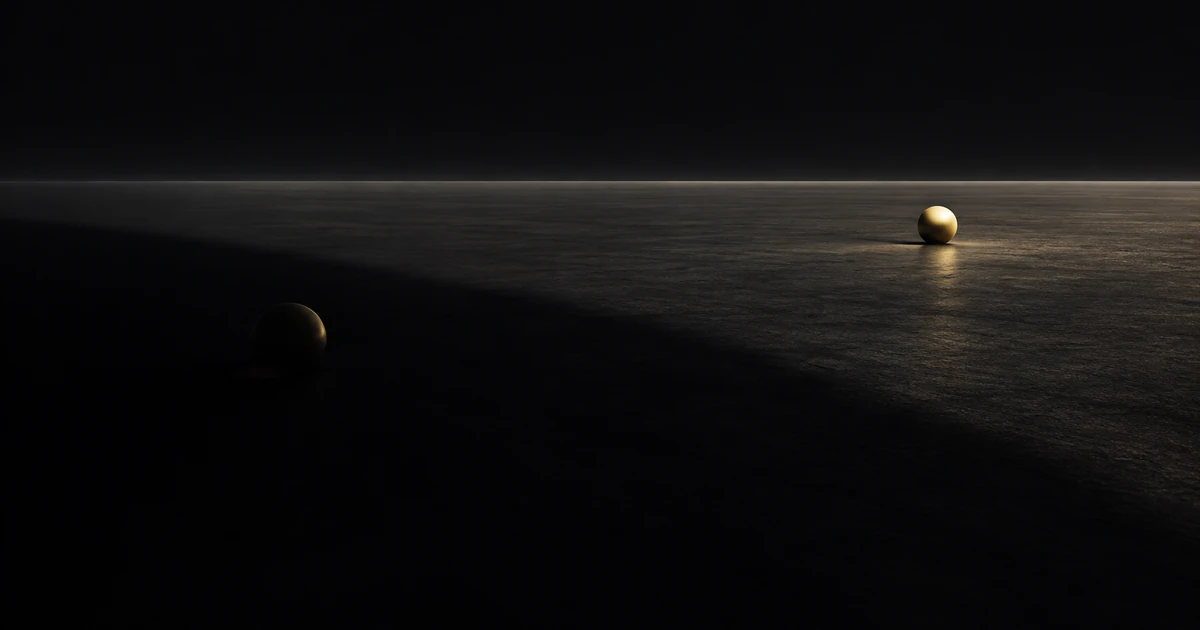 Two matching gold forms on a dark plane; a sweeping shadow covers one, its edge short of the other