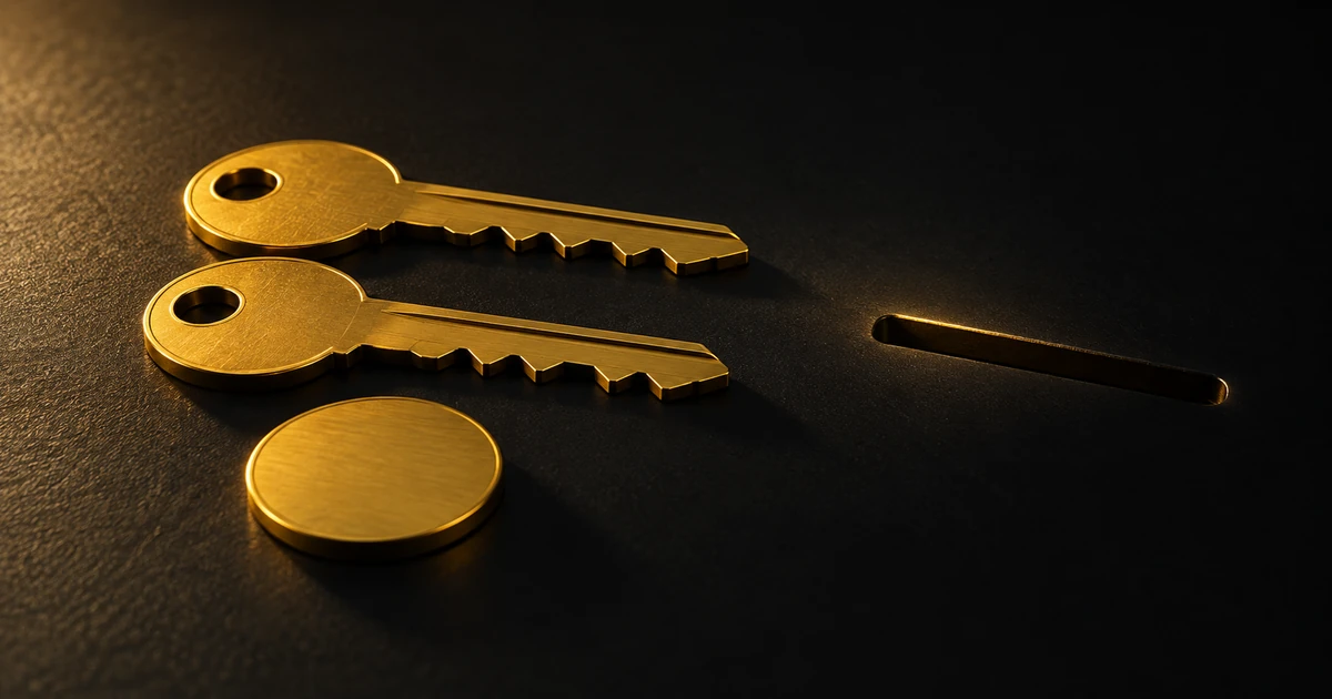 Two nearly identical gold keys and a smooth toothless disc, all pointing at one narrow slot
