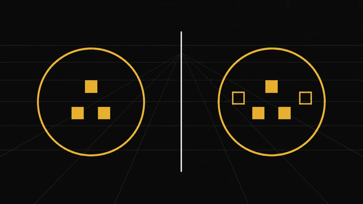 Two equal gold circles flank a white divider; both hold three filled squares and the right adds two outlined squares