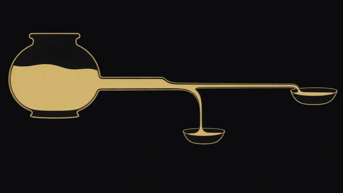 Gold drawn from a vessel, with visibly less arriving than left, the difference falling aside