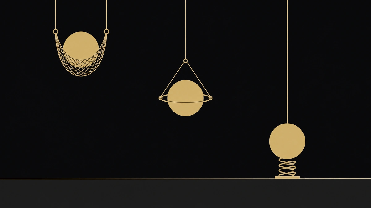 Three identical gold forms falling to a dark surface, each stopped at a different height