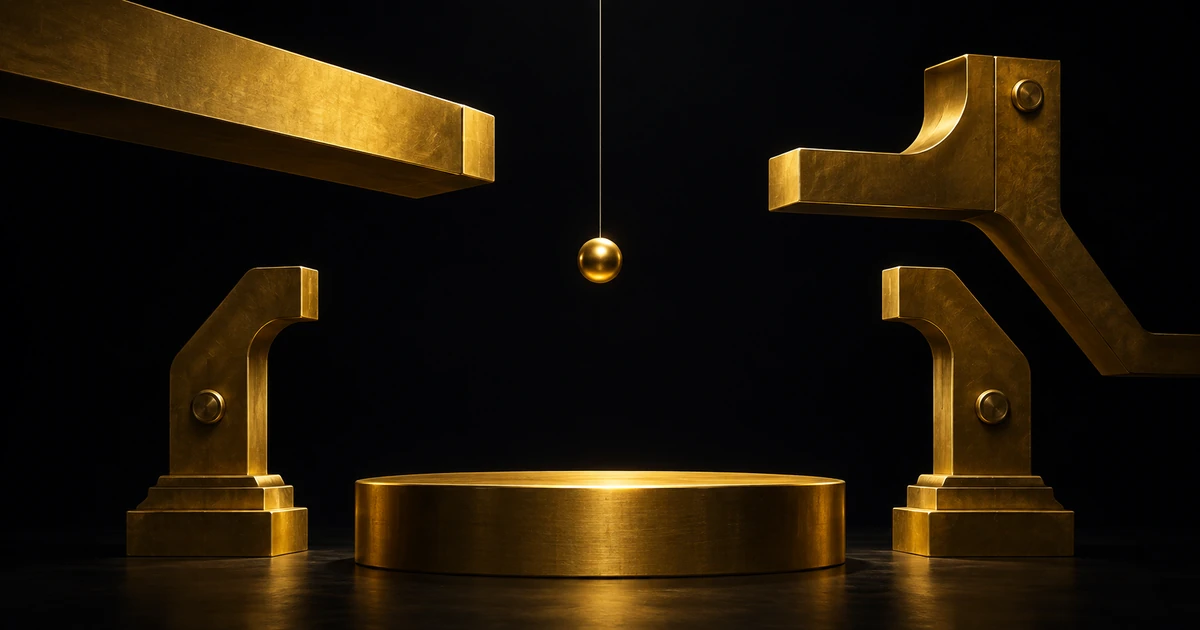 A small gold form hangs from one thin thread; heavy beams and brackets around it stop short, touching nothing
