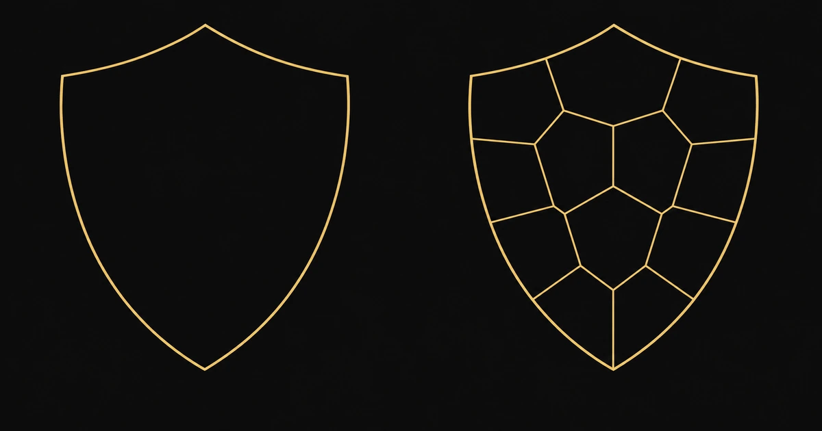 Two matching closed gold outlines: the left one continuous, the right assembled from fourteen plates with visible seams
