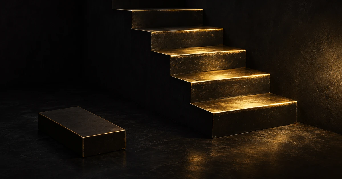 Gold-edged steps polished bright by use, with one identical spare tread lying matte and untouched beside them