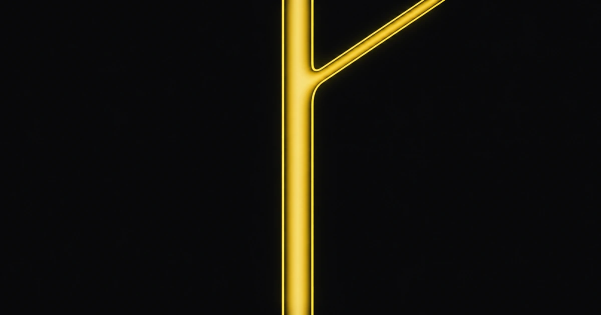 A vertical gold channel with one thin branch peeling off near the top, smooth and unbroken below