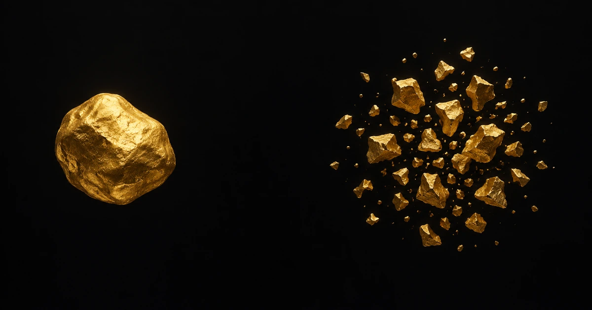 Two gold solids of equal mass: the left whole, the right broken into many small drifting fragments
